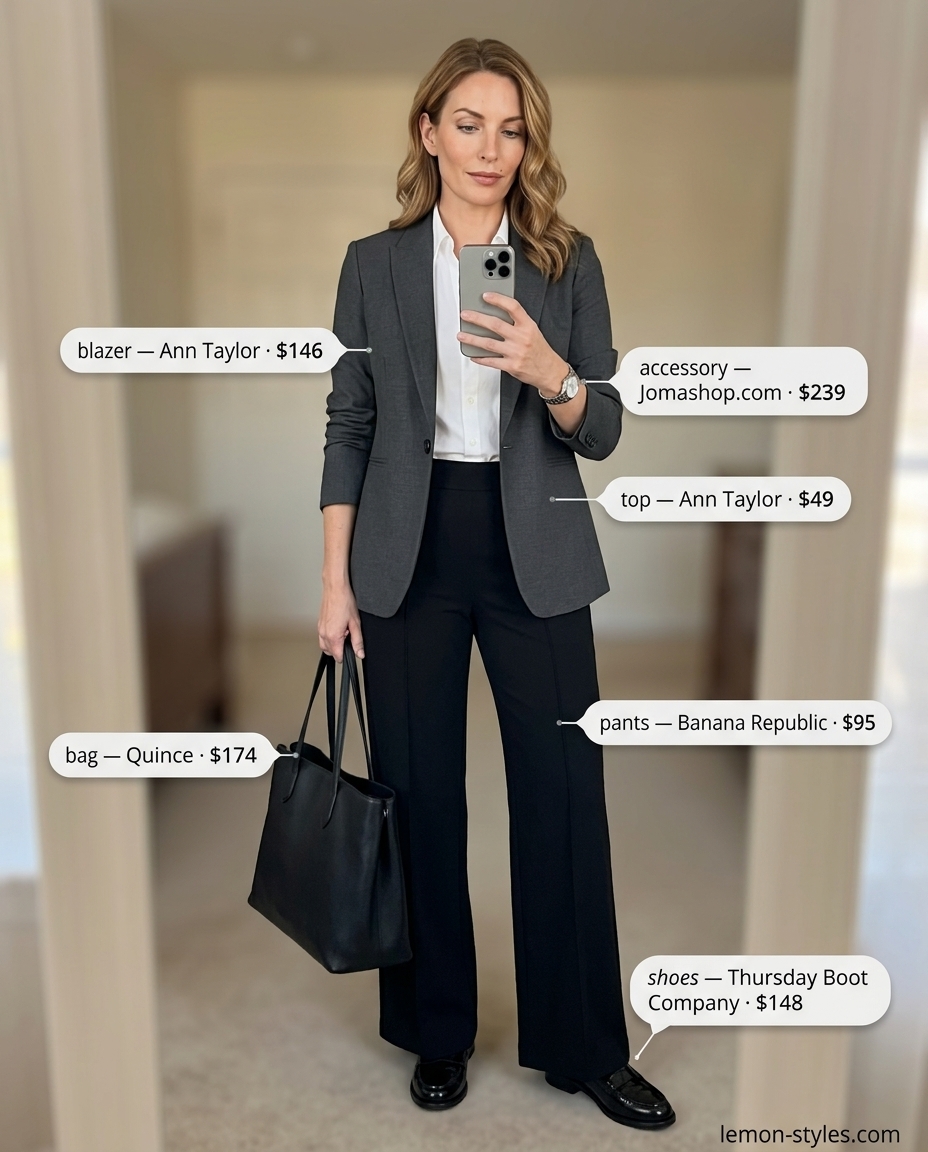 Summer Palazzo Pant Outfits 2026: Polished Pro Professional palazzo pant outfits summer for women 2026: Black palazzo pants with white blouse, grey blazer & loafers.