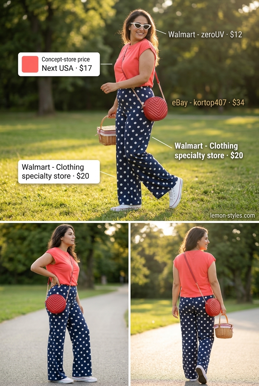 Polka Dot Palazzo Pants Summer Outfits 2026: Retro Fun Retro polka dot palazzo pant outfits summer for women 2026: navy polka dot pants, red tee, white sneakers & cat-eye sunglasses.