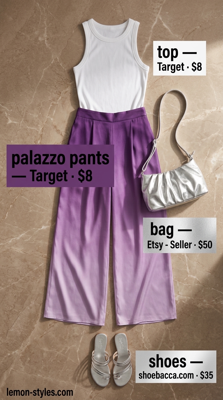 Summer Palazzo Pant Outfits 2026: Sunset Ombre Ombre palazzo pant outfits summer for women 2026: Purple to lilac silk palazzo pants with white tank & silver sandals.