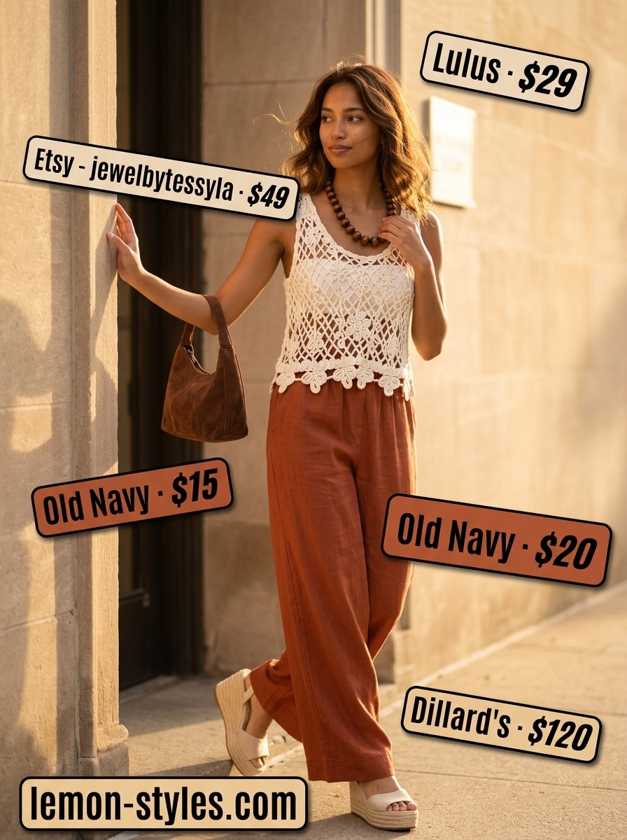 Terracotta Palazzo Pants Summer Outfits 2026: Boho Chic Desert sunset palazzo pant outfits summer for women 2026: terracotta pants, cream crochet top, brown suede bag & espadrille wedges.