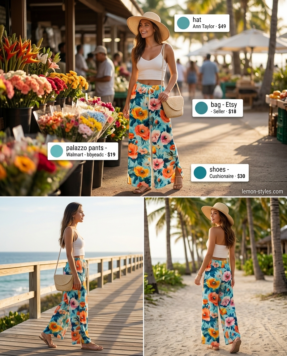 Tropical palazzo pant outfits summer for women 2026: Bold floral print palazzo pants with white crop top & straw hat.