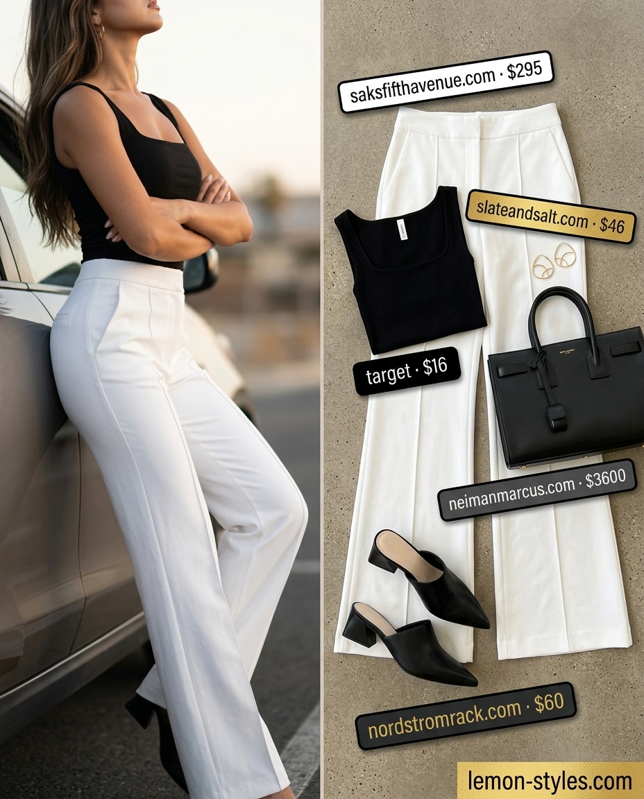 Chic Palazzo Outfits Summer 2026: City Evening Chic palazzo pant outfits summer for women 2026. White tailored pants with black crop top and mules.
