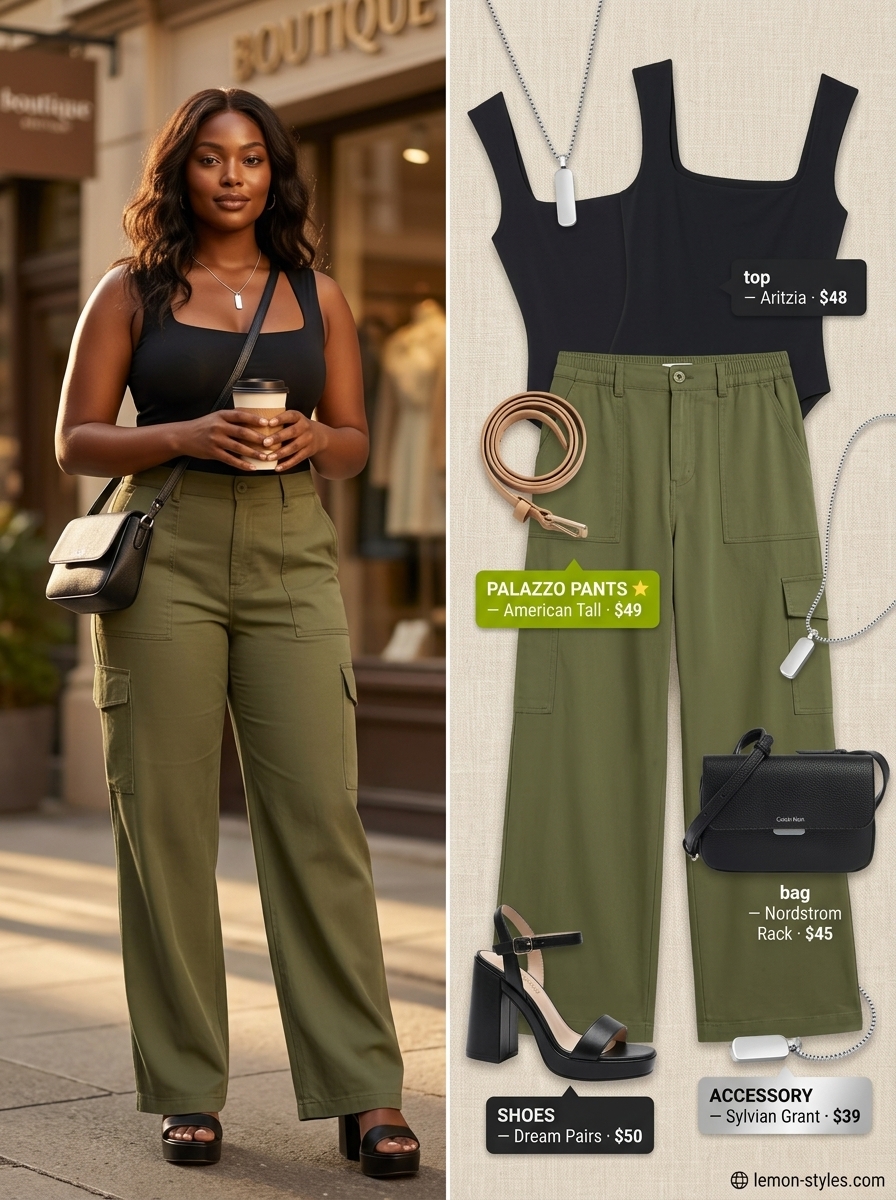 Edgy Palazzo Outfits Summer 2026: Urban Cool Edgy palazzo pant outfits summer for women 2026. Olive cargo pants with bodysuit and platform sandals.