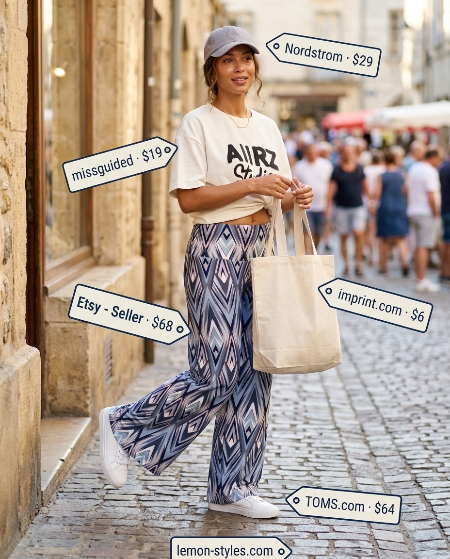 Casual Palazzo Outfits Summer 2026: Weekend Style Casual palazzo pant outfits summer for women 2026. Abstract print pants with graphic tee and sneakers.