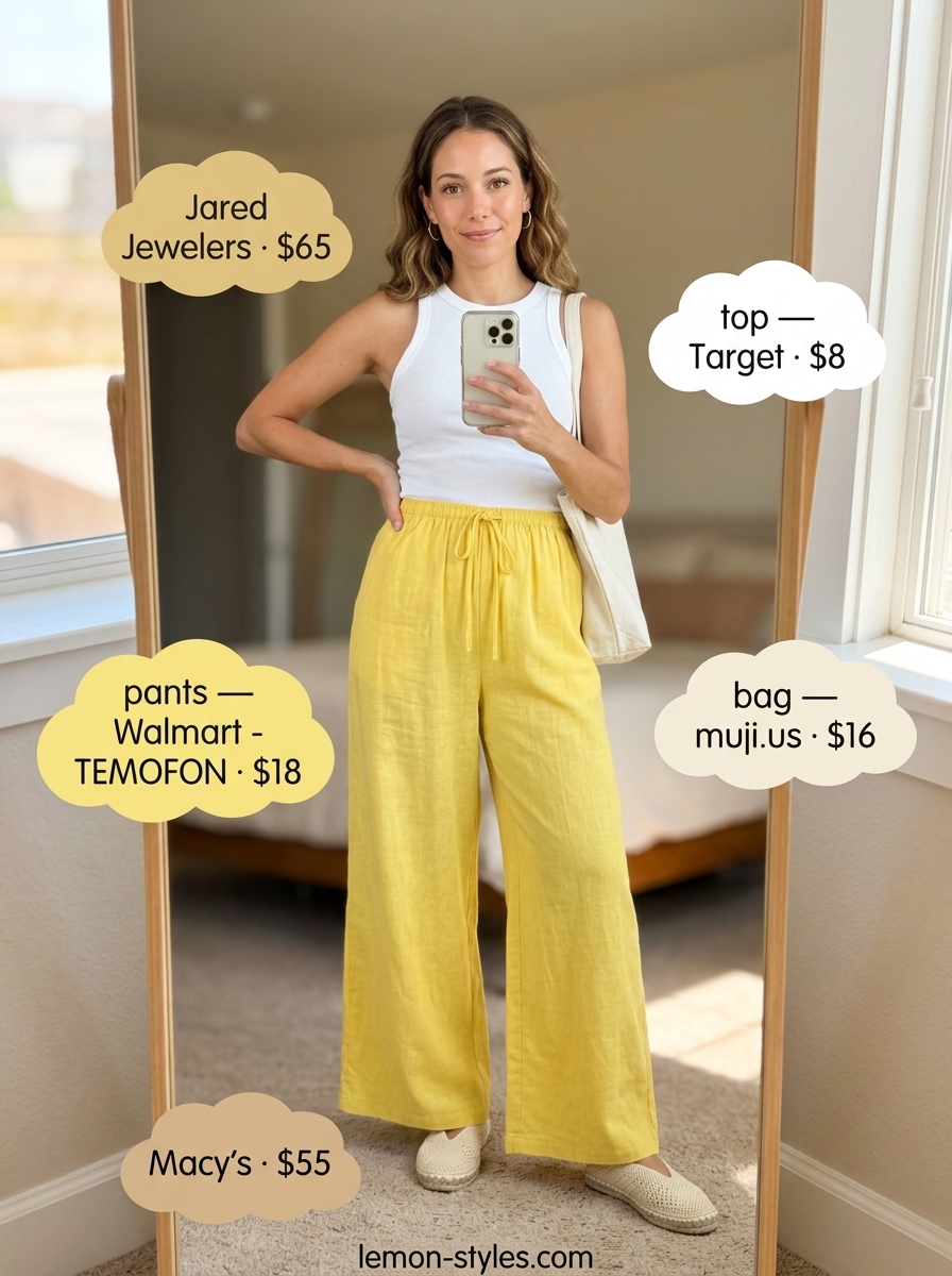 Yellow Palazzo Pants Summer Outfits 2026: Casual Chic Yellow palazzo pant outfits summer for women 2026: bright yellow pants, white tank, tan tote & espadrilles for a cheerful casual look.