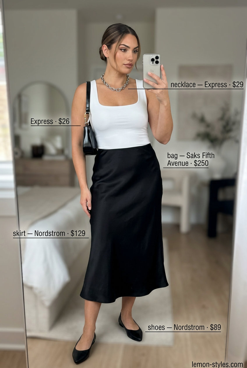 Polished casual Friday summer outfits 2026: Black midi skirt, white tank, silver necklace, ballet flats.