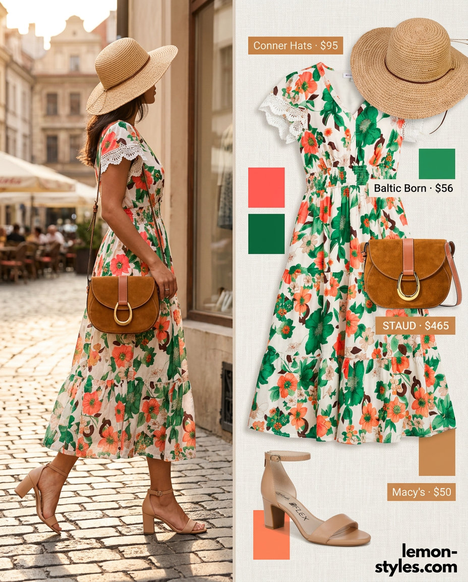 Coral floral midi dress, straw hat, block heels for polished casual Friday summer outfits 2026.