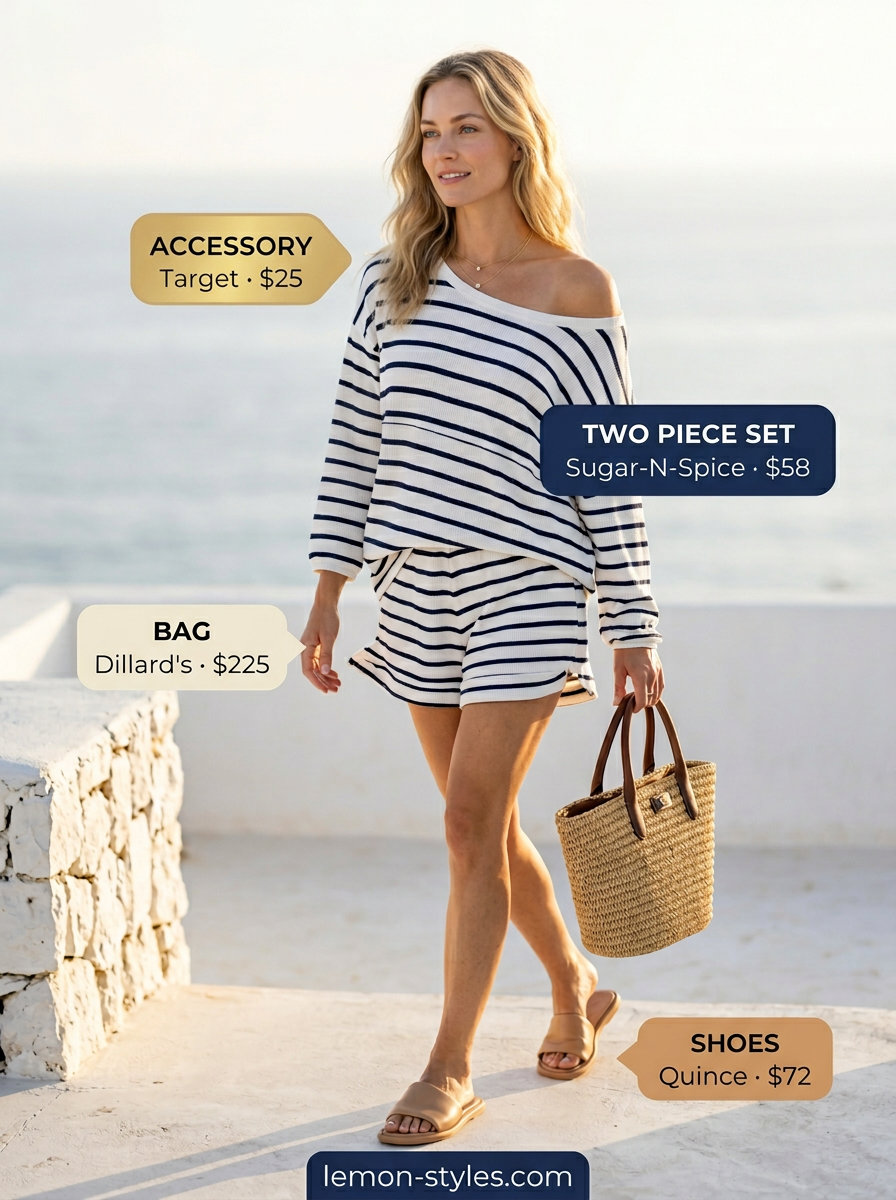 Navy stripe linen set with straw tote & sandals for polished casual Friday summer outfits 2026.