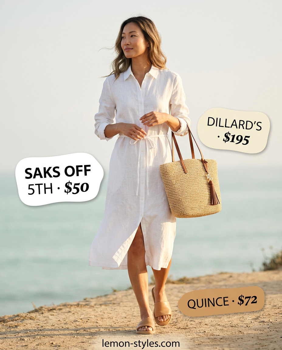 Coastal linen midi dress with straw hat & sandals for polished casual Friday summer outfits 2026.