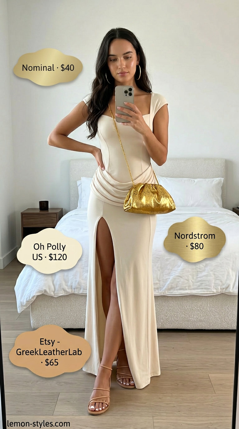 Polished casual Friday summer outfits 2026: Cream maxi dress, gold hoops, tan sandals, crossbody bag.
