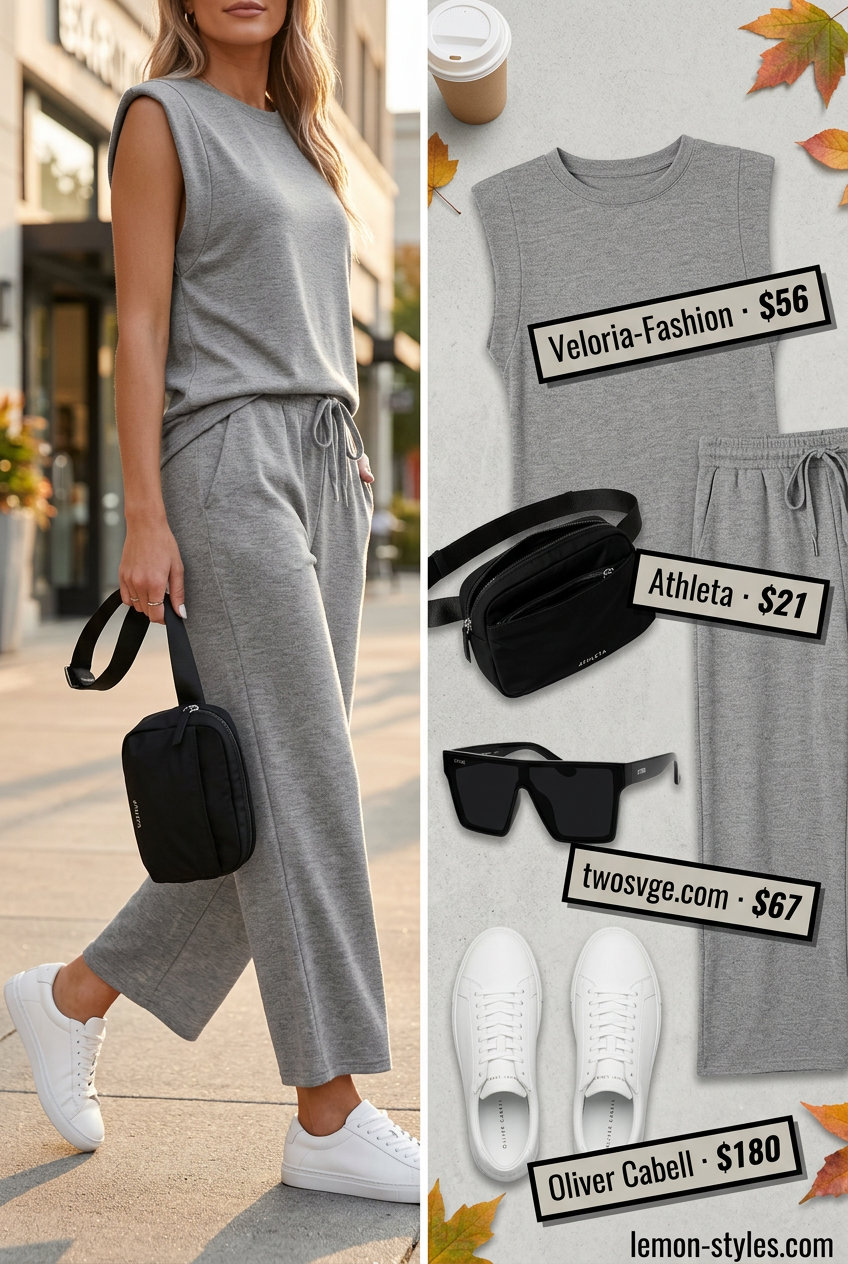 Grey knit set, sneakers, sunglasses, belt bag for polished casual Friday summer outfits 2026.