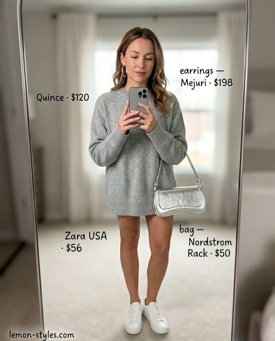 Light grey knit set with sneakers & silver bag for polished casual Friday summer outfits 2026.