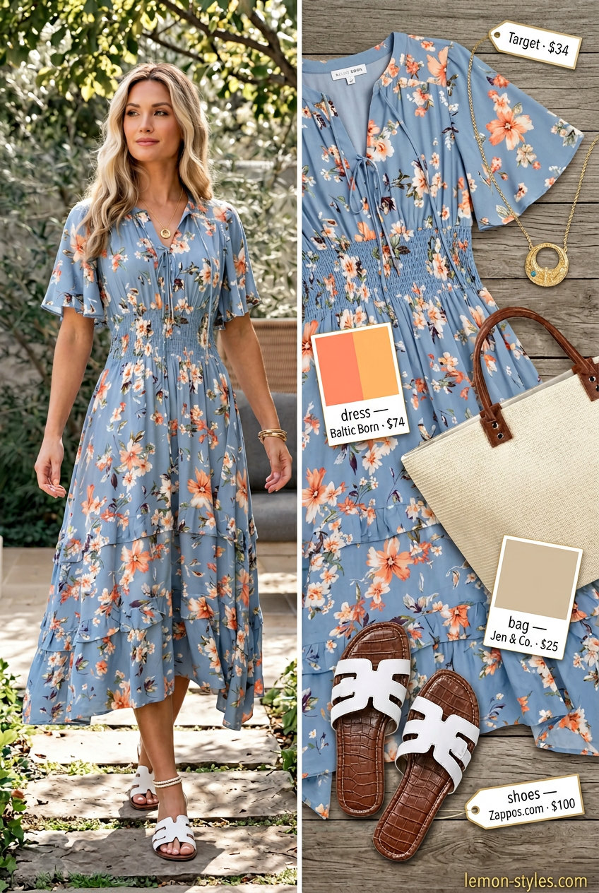 Polished casual Friday summer outfits 2026: Blue floral midi dress, straw tote, white slides.