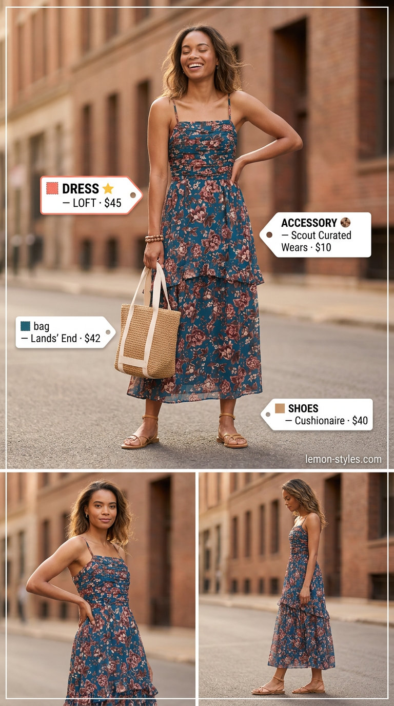 Polished casual Friday summer outfits 2026: Coral floral maxi dress, tan sandals, straw tote.