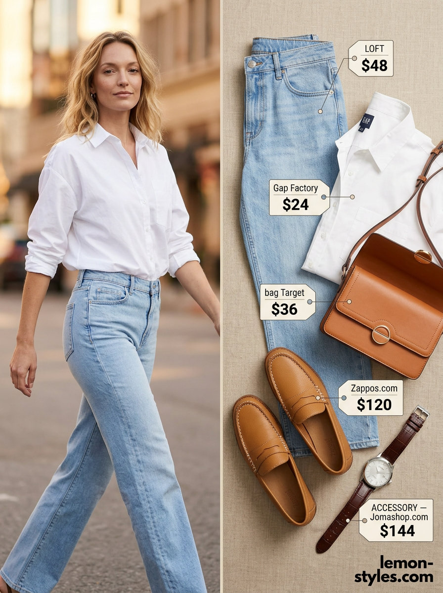 Polished casual Friday summer outfits 2026: Relaxed jeans, white shirt, tan loafers, crossbody bag.