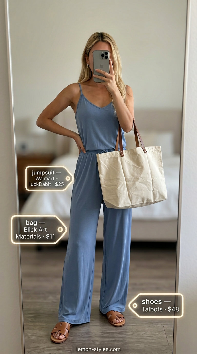 Polished casual Friday summer outfits 2026: Soft blue linen jumpsuit, tan slides, canvas tote.