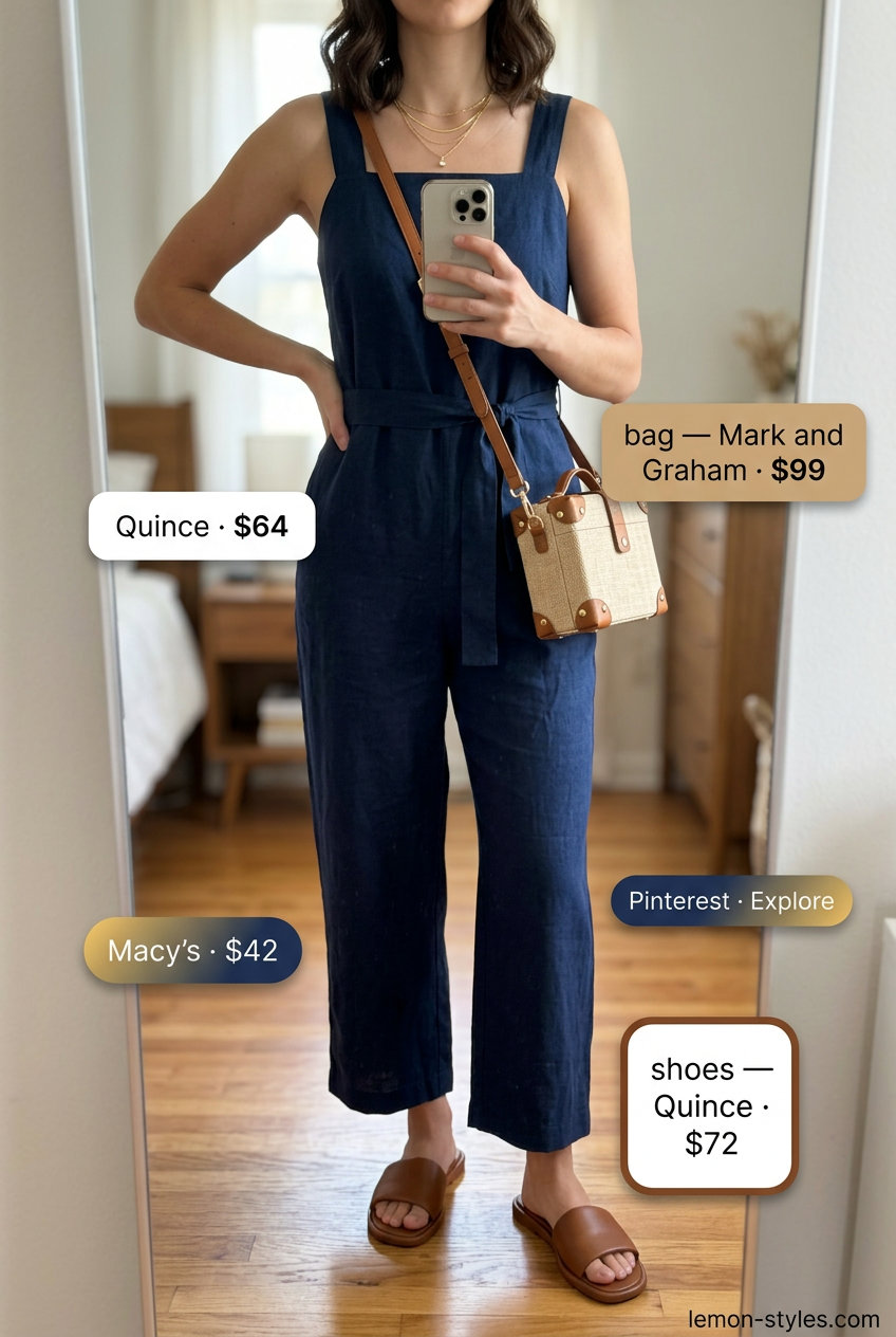 Polished casual Friday summer outfits 2026: Navy linen jumpsuit, tan sandals, raffia bag, layered gold necklaces.