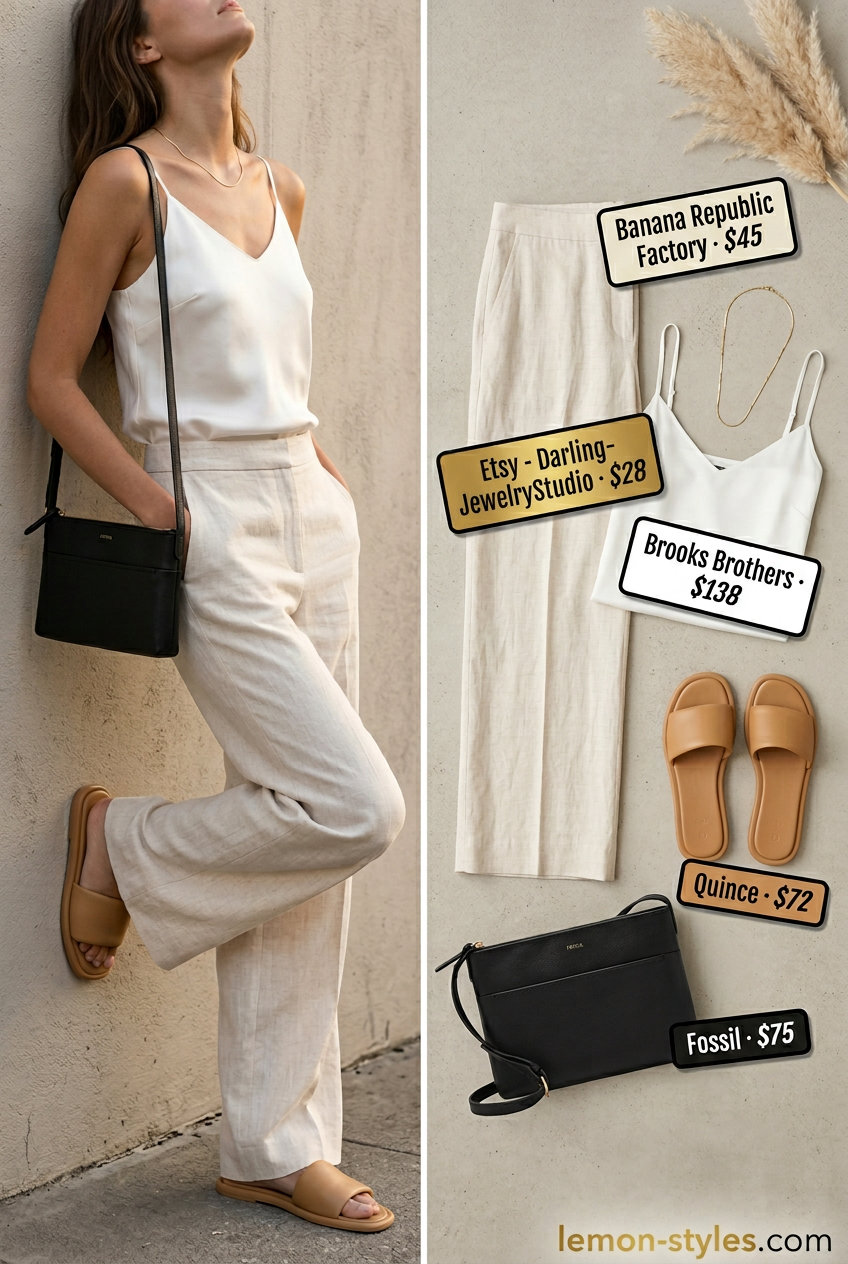 Polished casual Friday summer outfits 2026: Olive green linen pants, white silk cami, tan sandals, gold necklace.