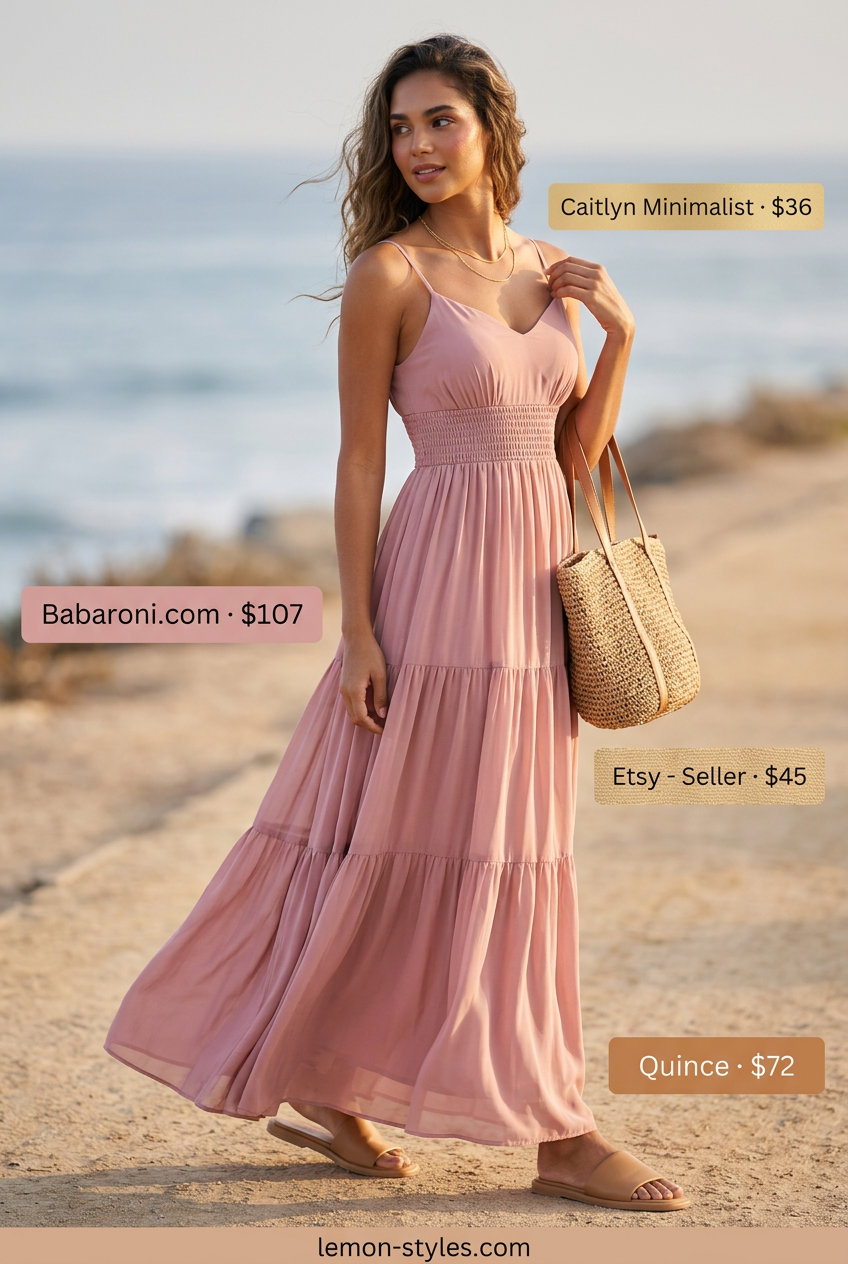 Polished casual Friday summer outfits 2026: Dusty rose maxi dress, tan sandals, straw tote, gold necklaces.