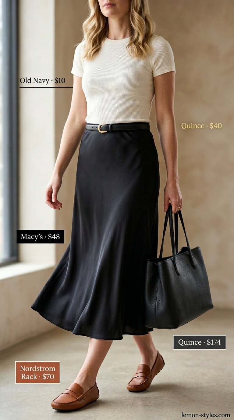 Polished casual Friday summer outfits 2026: Black midi skirt, white tee, tan loafers, black tote, leather belt.