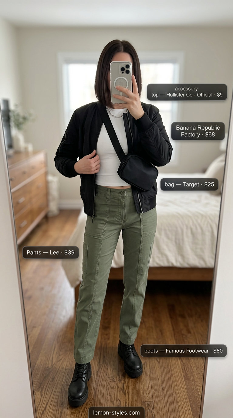 Olive cargo pants, white tee, bomber jacket for polished casual Friday summer outfits 2026.