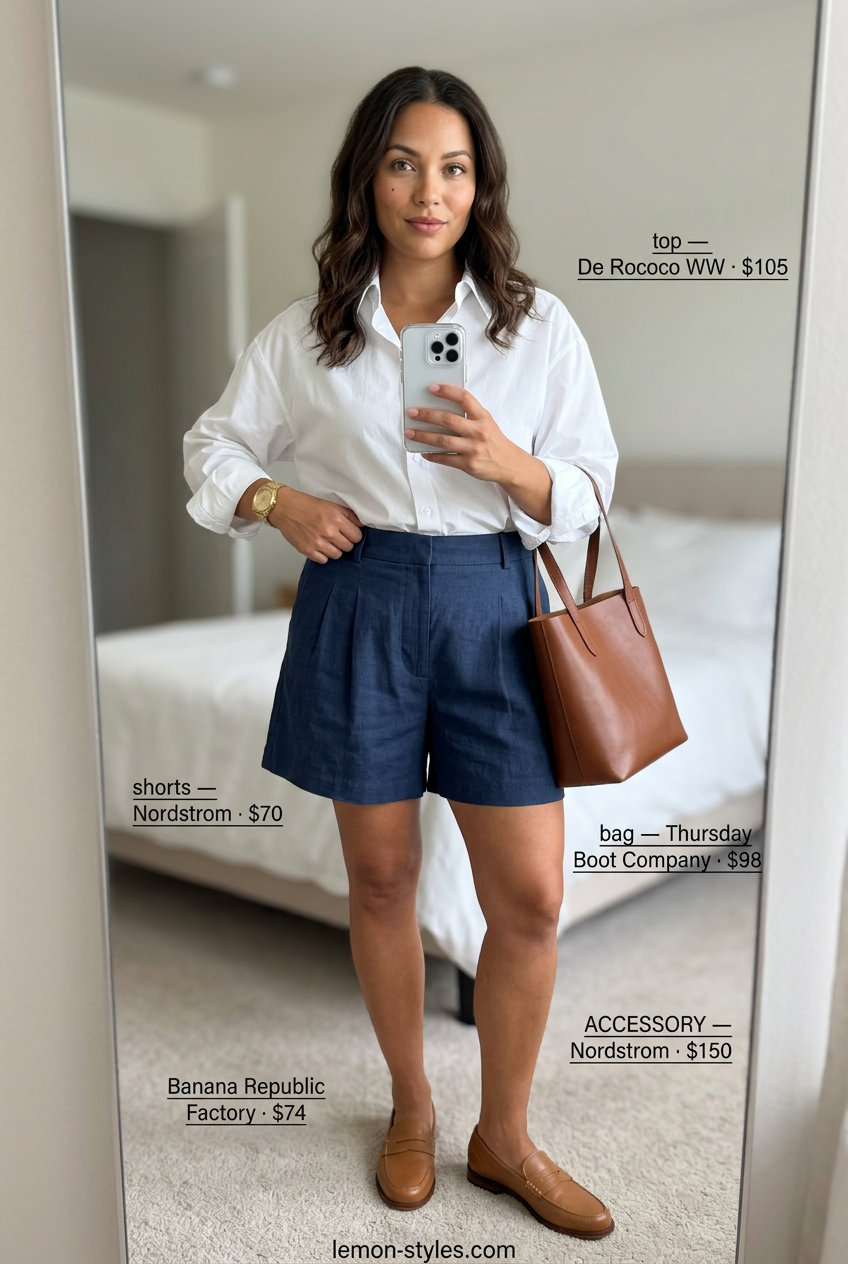 Polished casual Friday summer outfits 2026: White oversized shirt, navy tailored shorts, tan loafers.