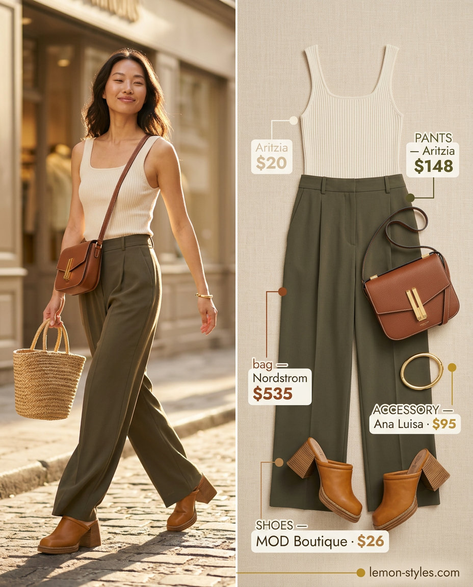 Polished casual Friday summer outfits 2026: Olive green wide-leg pants, cream tank, brown mules, gold bangle.