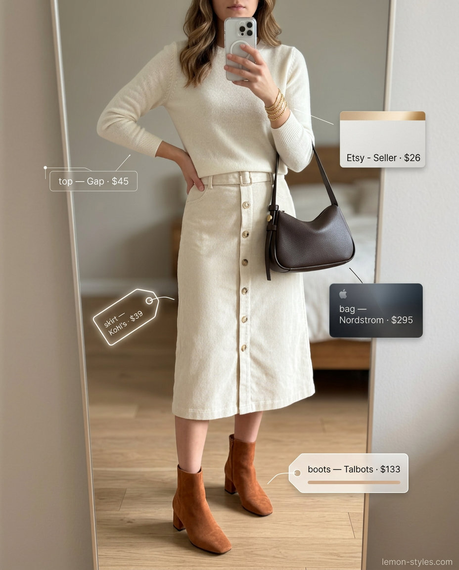 Cream sweater, beige corduroy skirt, brown boots for polished casual Friday summer outfits 2026.
