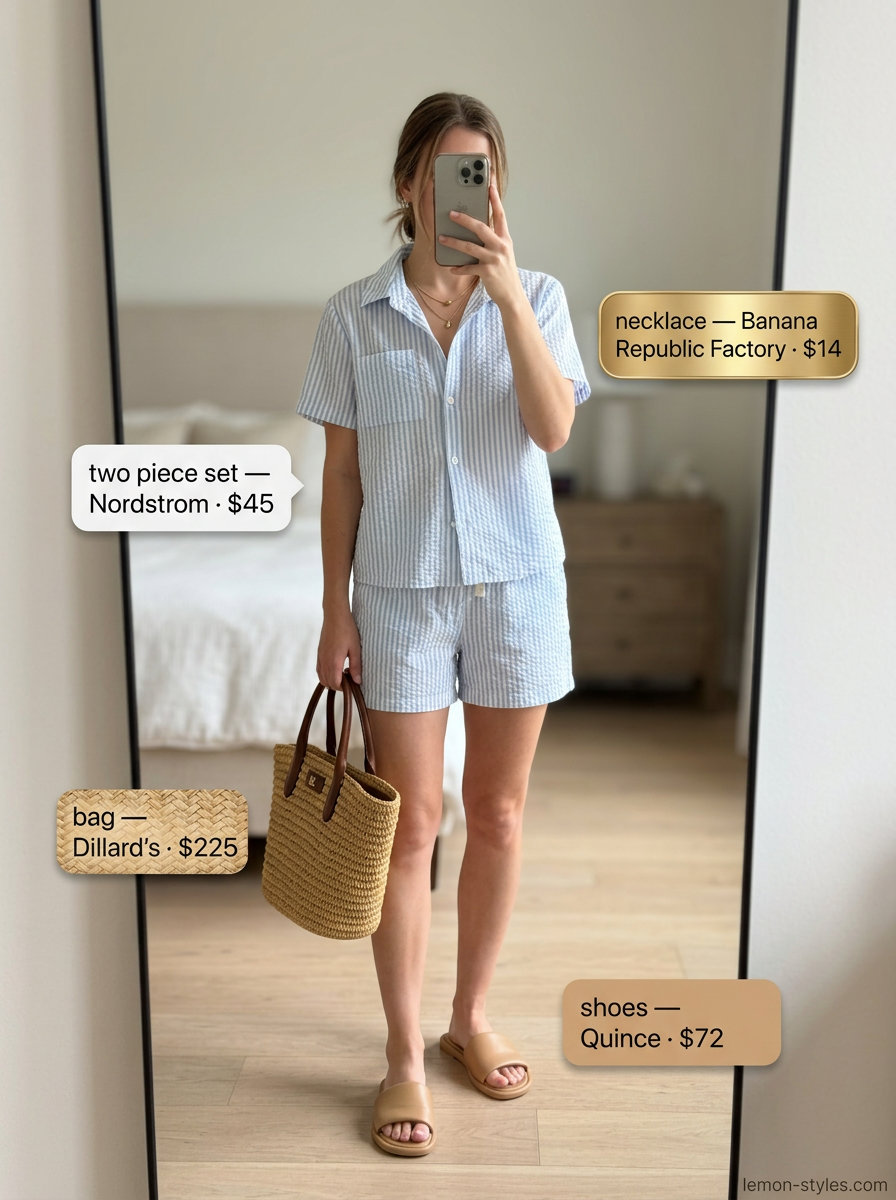 Polished casual Friday summer outfits 2026: Blue stripe linen set, tan slides, straw tote.