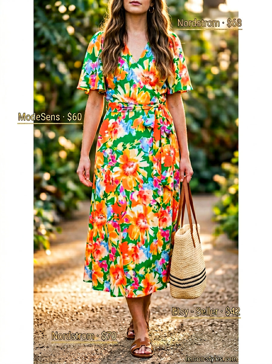 Coral floral midi dress with straw tote & sandals for polished casual Friday summer outfits 2026.