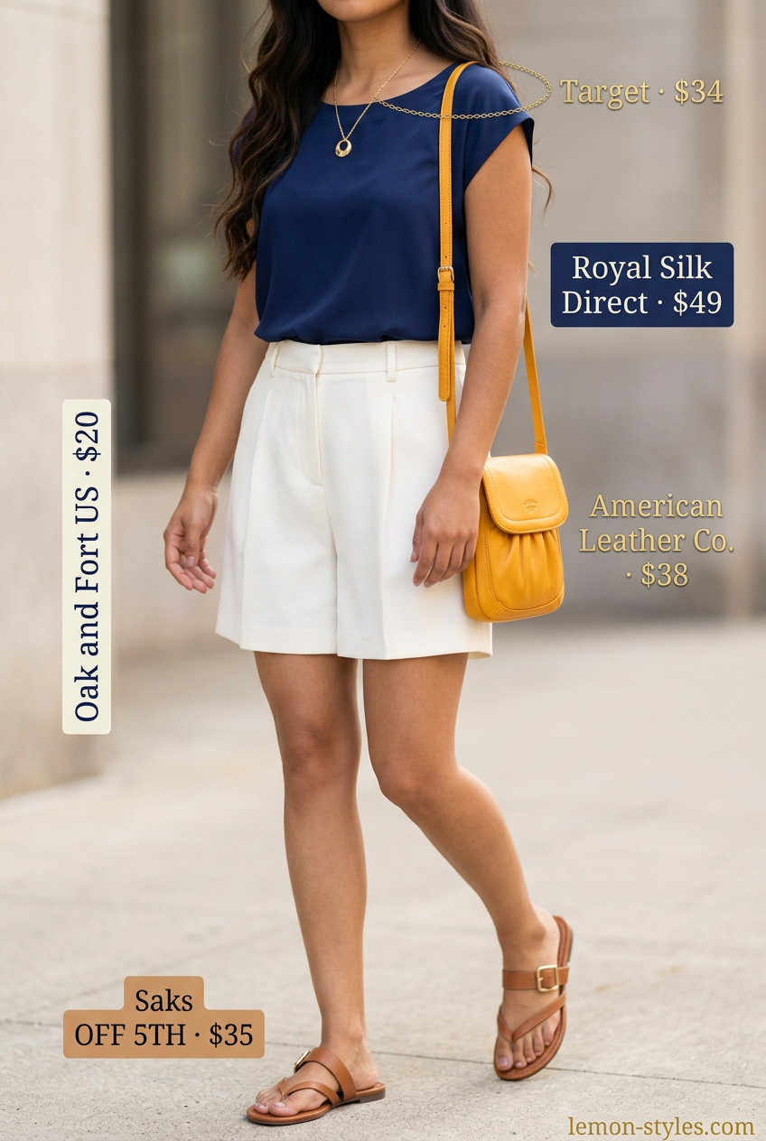 Polished casual Friday summer outfits 2026: Cream tailored shorts, navy silk blouse, tan sandals, gold necklace.