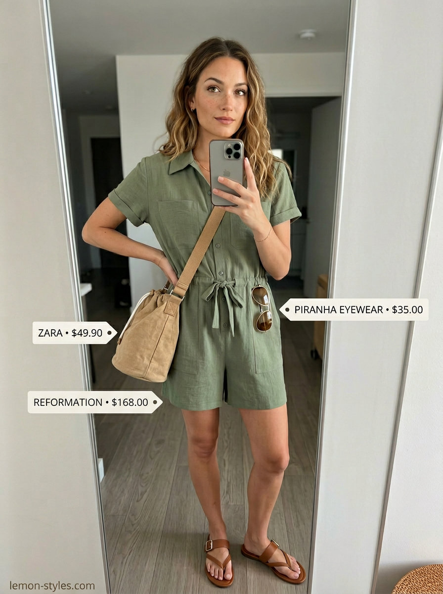 Polished casual Friday summer outfits 2026: Khaki utility romper, tan sandals, canvas bag, gold aviators.