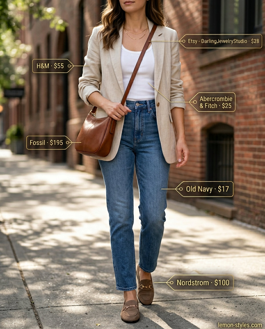 Denim jeans, white tank, linen blazer for polished casual Friday summer outfits 2026.