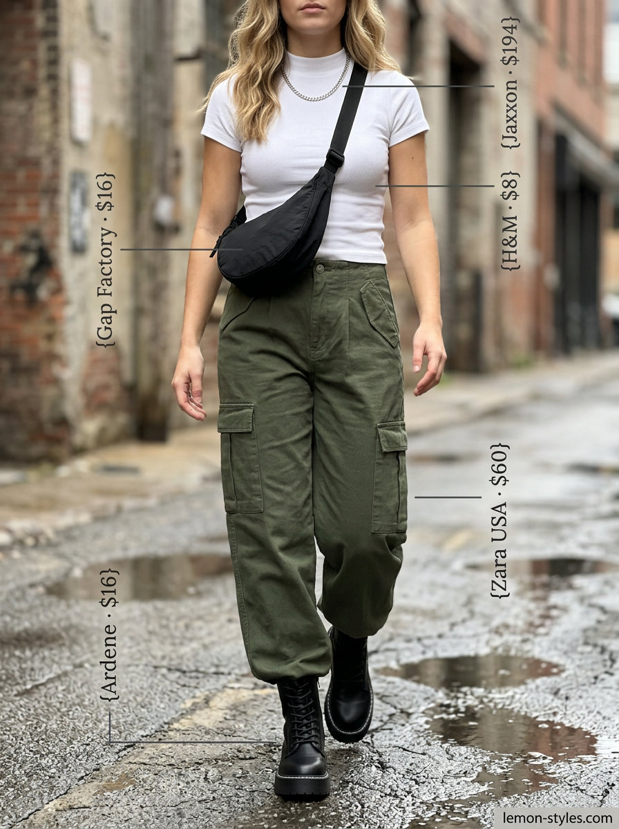 Khaki cargo pants, white tee, combat boots for polished casual Friday summer outfits 2026.