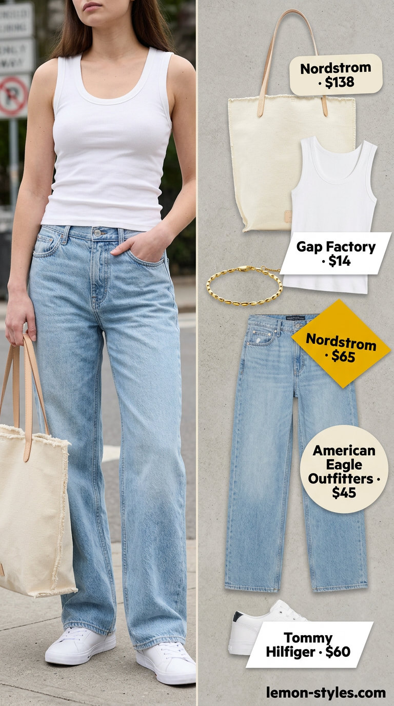 Polished casual Friday summer outfits 2026: Light blue wide-leg jeans, cream tank, white sneakers, canvas tote.