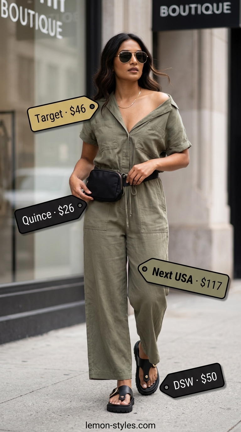 Trendy casual summer outfits for women 2026: Khaki green utility jumpsuit, chunky sandals, belt bag, and aviator sunglasses.