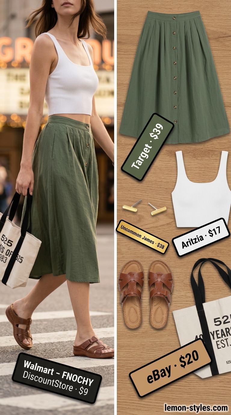 Trendy casual summer outfits for women 2026: Olive green midi skirt, white crop top, braided sandals, and canvas tote.