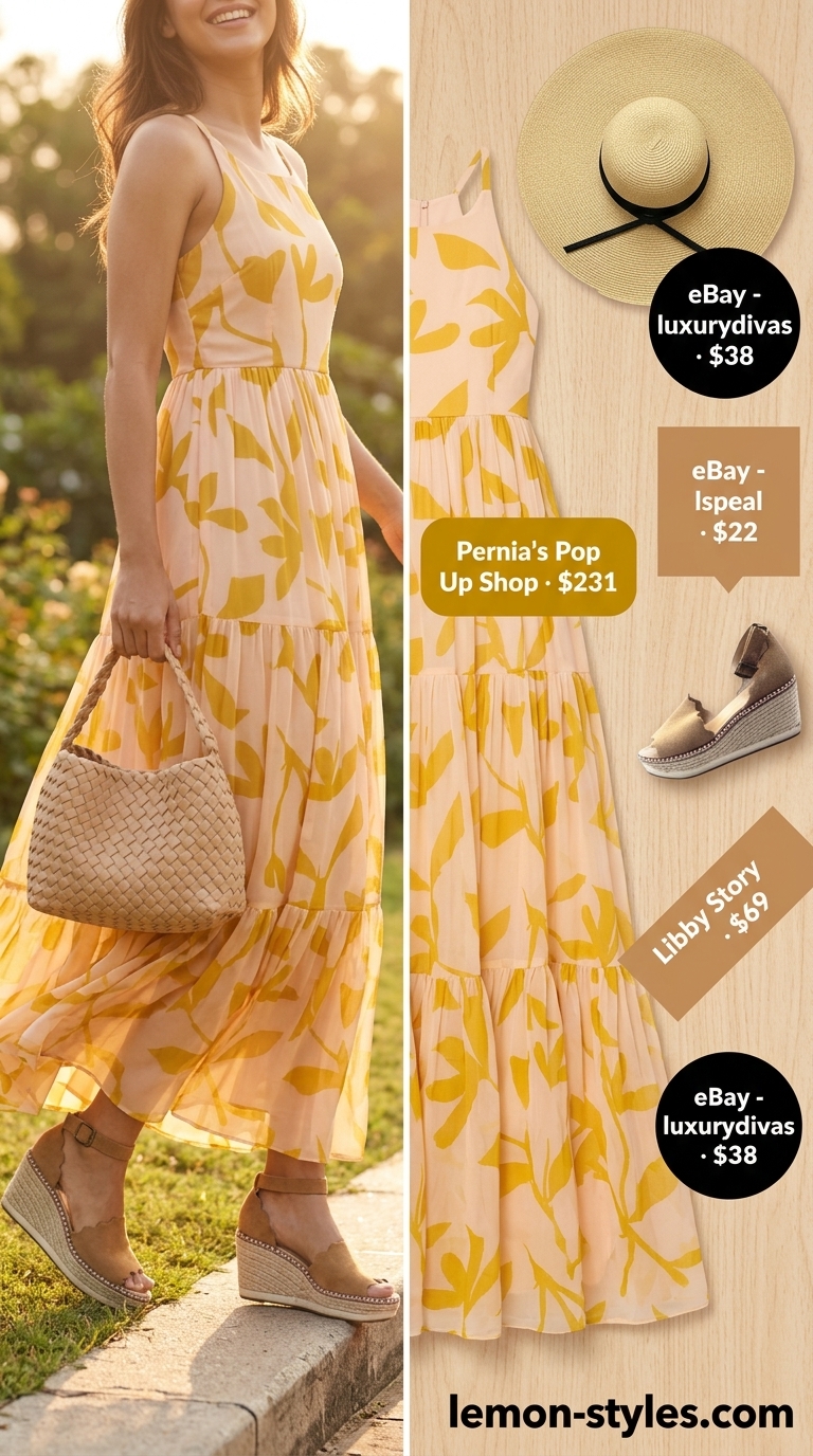 Trendy casual summer outfits for women 2026: Mustard yellow floral maxi dress, espadrille wedges, straw bag, and wide-brim hat.