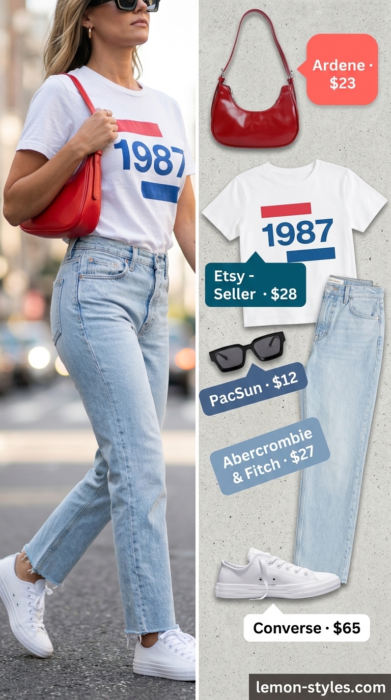 Trendy casual summer outfits for women 2026: Light wash jeans, graphic tee, white sneakers, and red shoulder bag for a chic day out.