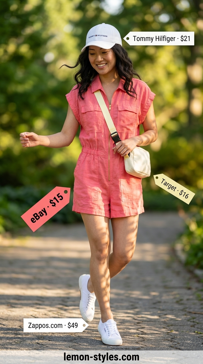 Trendy casual summer outfits for women 2026: Coral romper, white sneakers, canvas bag, baseball cap for park days.