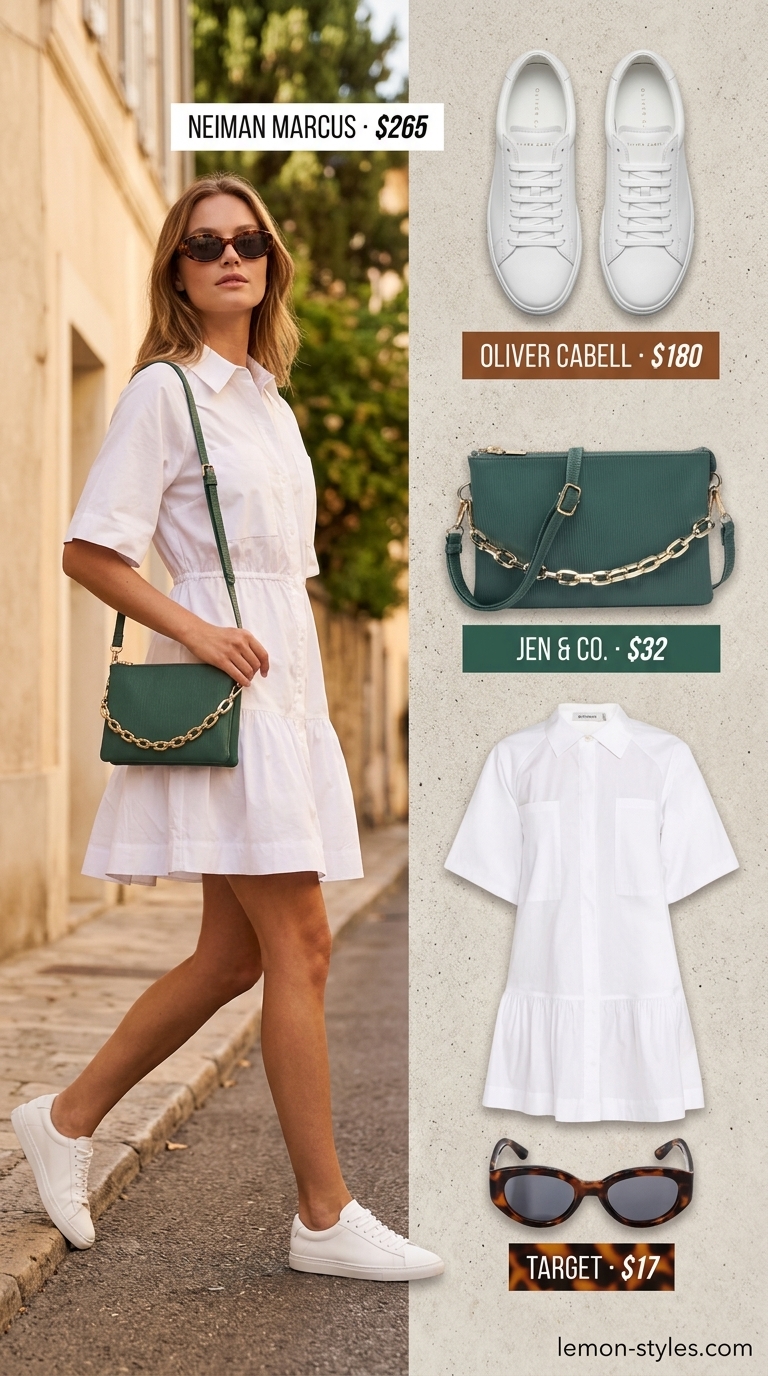Trendy casual summer outfits for women 2026: White shirtdress, green bag, sneakers for a fresh vibe.