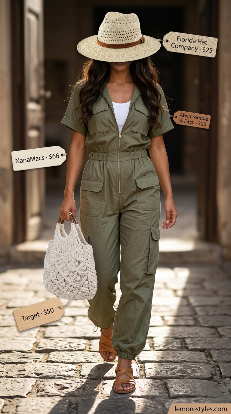 Trendy casual summer outfits for women 2026: Olive utility jumpsuit, tank, espadrilles, straw fedora, wood bag.