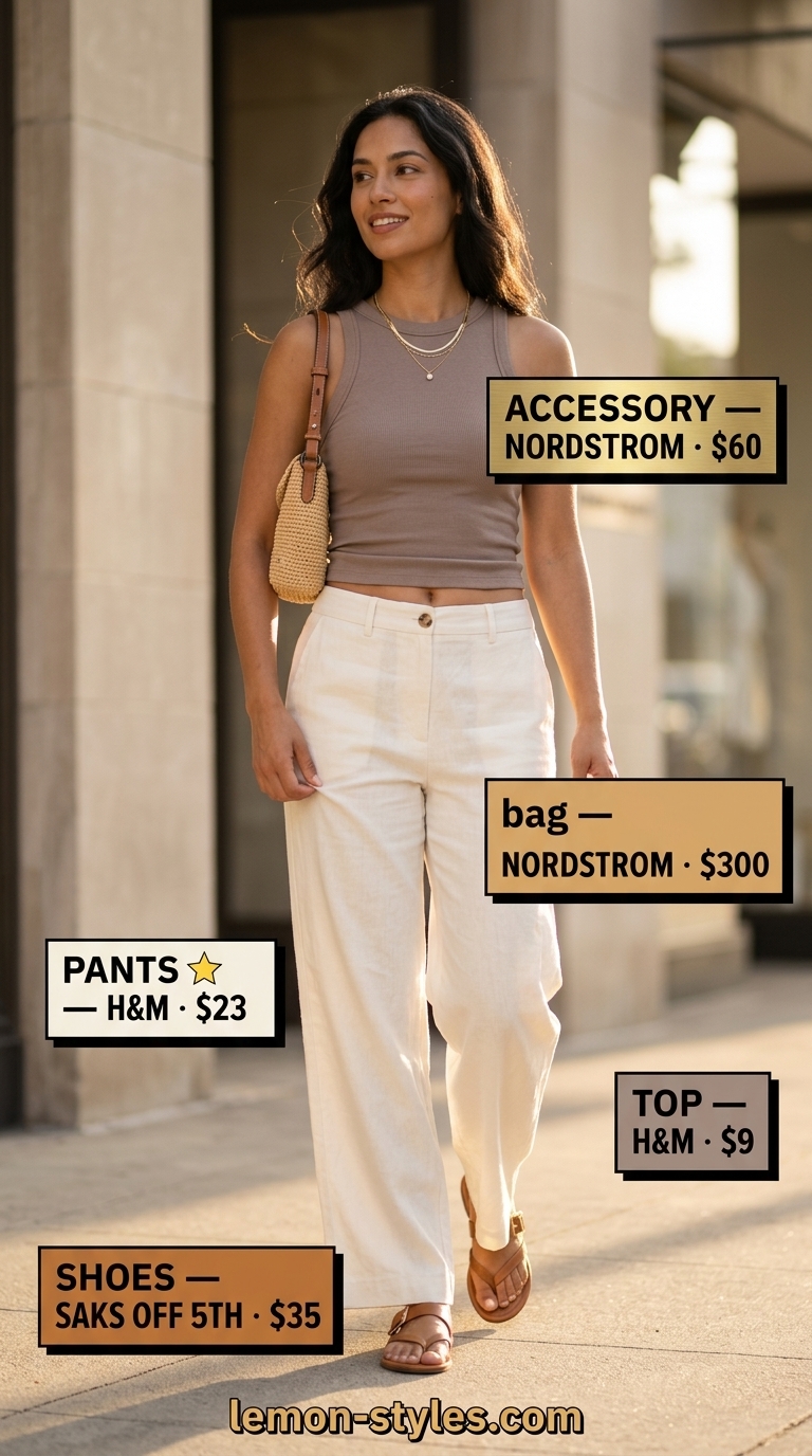 Trendy casual summer outfits for women 2026: Cream linen pants, tan tank, gold necklace for brunch.