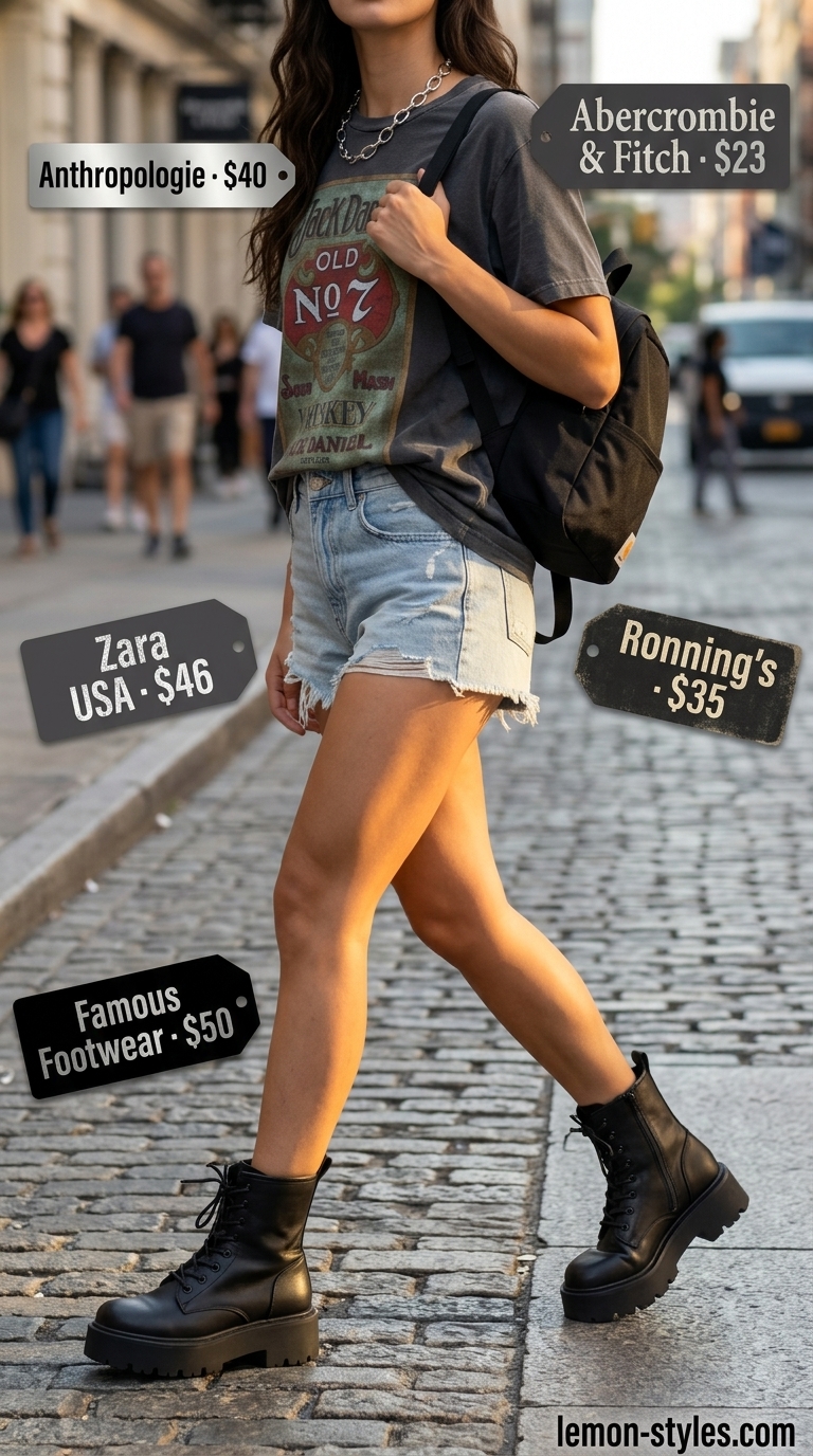 Trendy casual summer outfits for women 2026: Distressed denim shorts, graphic tee, combat boots.