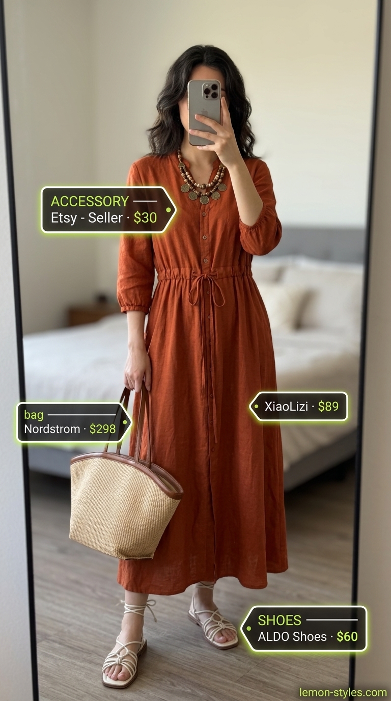 Trendy casual summer outfits for women 2026: Terracotta linen shirt dress, leather sandals, raffia tote, wood bangles.