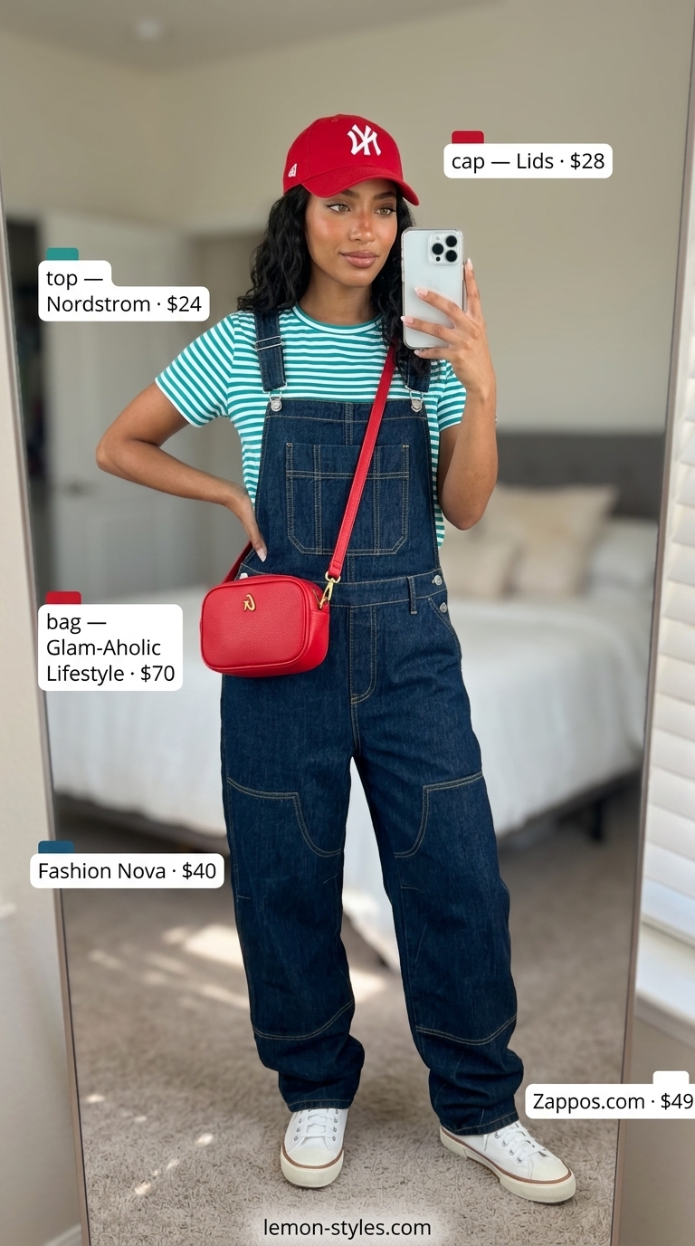 Trendy casual summer outfits for women 2026: Denim overalls, striped tee, red crossbody bag & cap for art fairs.