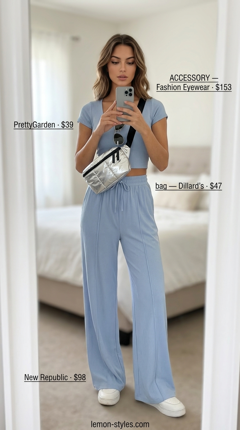 Trendy casual summer outfits for women 2026: Powder blue knit set, white sneakers, silver belt bag, and aviator sunglasses.
