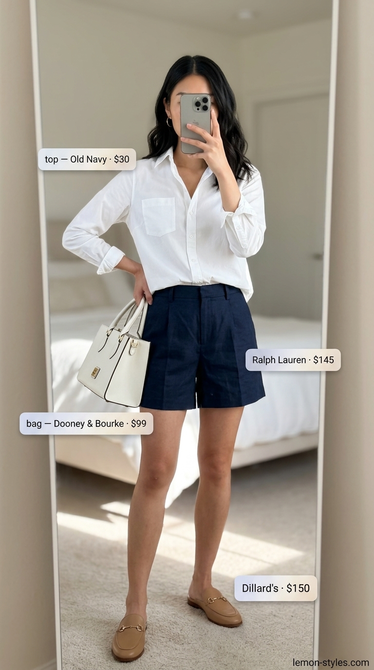 Trendy casual summer outfits for women 2026: Navy shorts, white button-down, shoulder bag, loafers for garden parties.