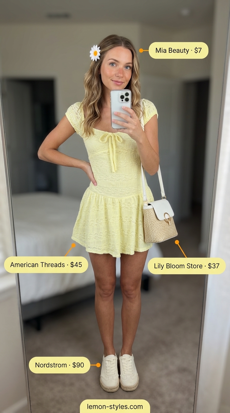 Trendy casual summer outfits for women 2026: Yellow sundress, espadrilles, straw bag, daisy clip for picnics.