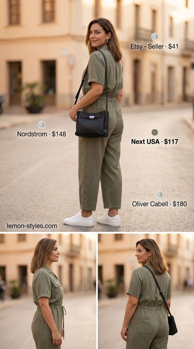 Trendy casual summer outfits for women 2026: Khaki green utility jumpsuit, white sneakers, and black crossbody bag.